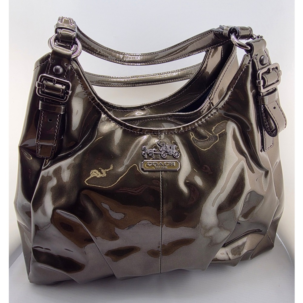 Coach Madison Maggie Patent Leather Hobo Shoulder Bag Gunmetal Olive 18760